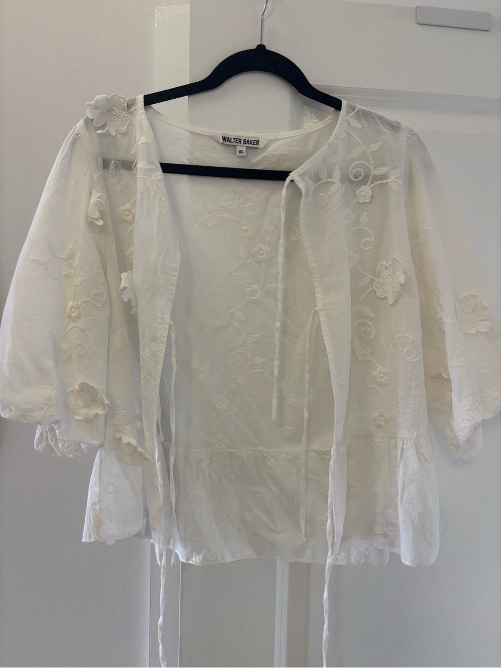 Walter Baker Ivory Floral Appliqué Sheer Tie Blouse